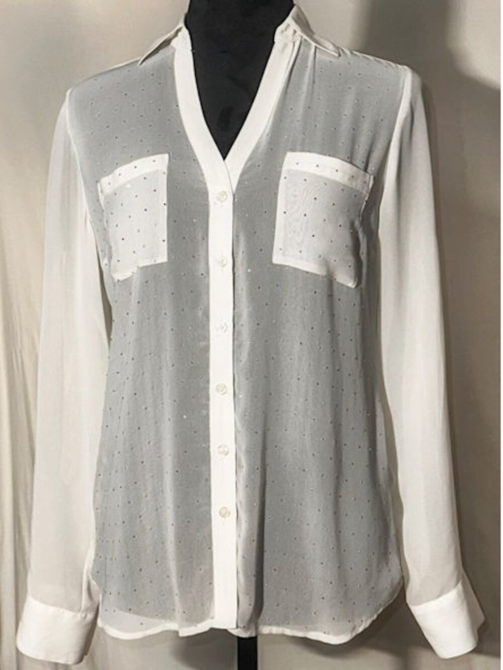 EXPRESS Portofino Sheer White Blouse with Sparkles, XS
